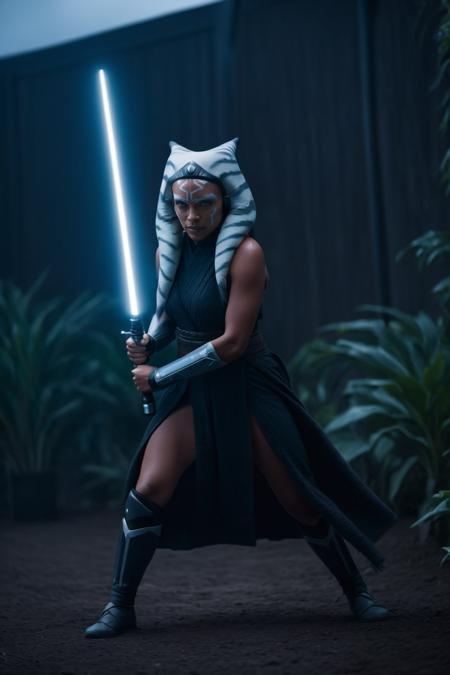 00008-527204640-cinematic film still ahsoka tano in battle stance at greenhouse holding white lightsaber, Koncho-no-Kamae stance _lora_Ahsoka_Ta.png